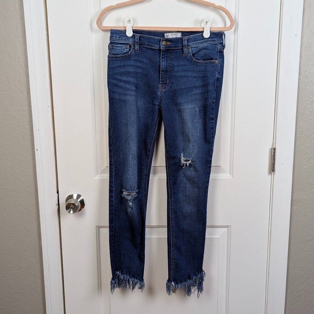 Free People | Blue Distressed Skinny Jeans Frayed Hem Size W27